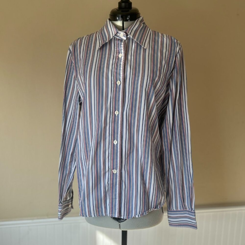 FACONNABLE Red White Blue Striped Cotton Button Down Shirt |  Women's Medium